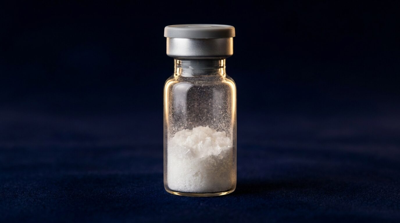 Crystalline lyophilised powder cake inside a clear glass vial
