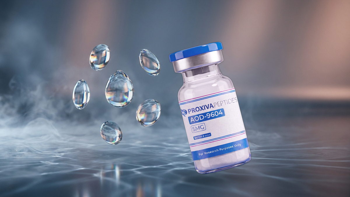 AOD-9604 research vial with lyophilised peptide and blue cap