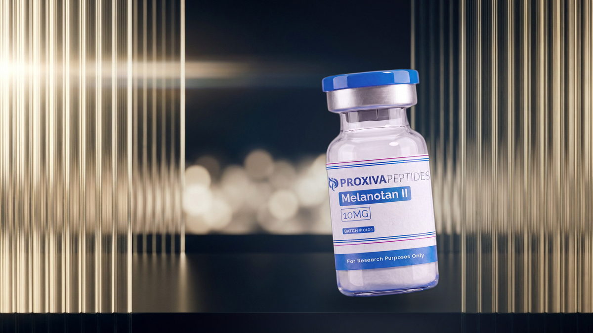 Melanotan II research vial with lyophilised powder and blue cap