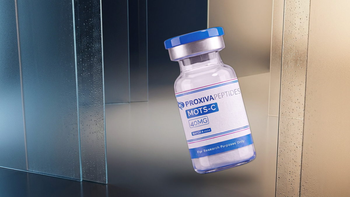 MOTS-c research vial beside a multi-component blend vial