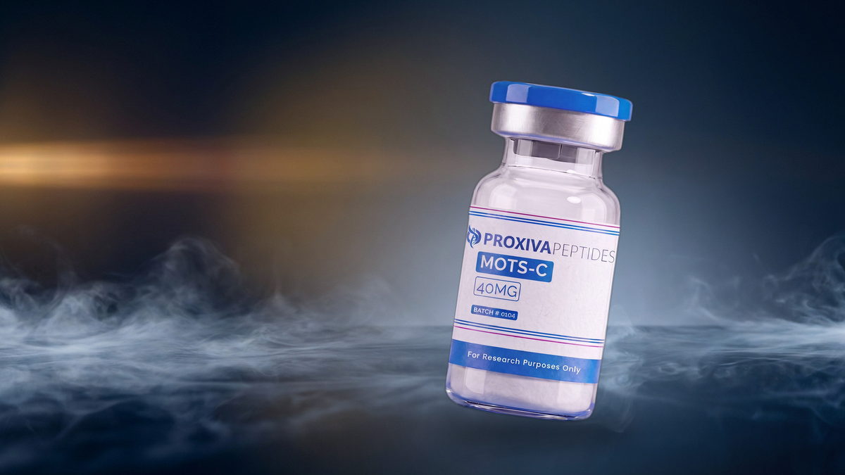 MOTS-c research vial with lyophilised peptide under laboratory lighting