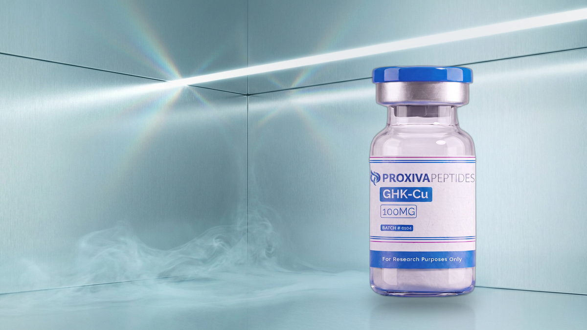 GHK-Cu copper peptide vial showing the characteristic blue coloration of the copper complex